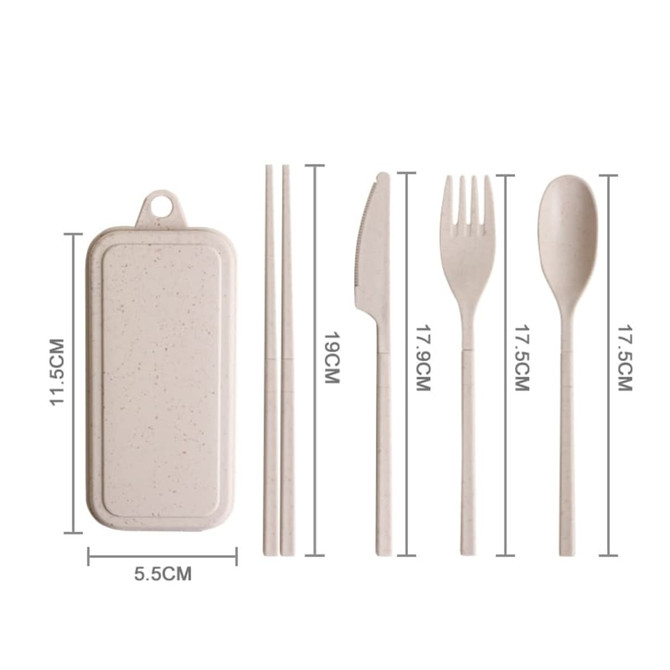 Four-piece set of travel utensils in a beige colour, including chopsticks, a knife, a fork, and a spoon, stored in a compact case.
