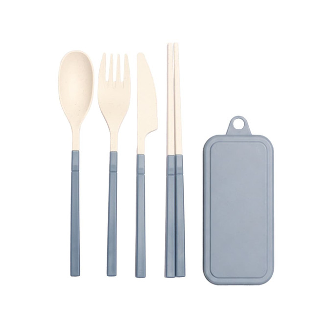 A travel utensil set with a spoon, fork, knife, and chopsticks, all in beige with blue handles, housed in a grey case.