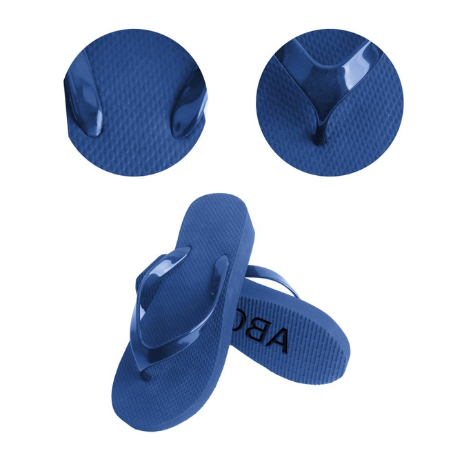 A pair of blue rubber thongs featuring a textured sole and a glossy strap, accompanied by close-up views.