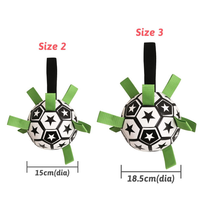 A dog soccer ball in black and white, featuring green grab tabs, available in two sizes.