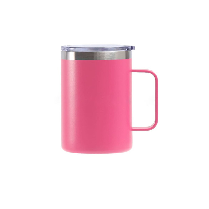 A pink stainless steel cup with a handle and a clear lid, featuring a sleek, modern design.