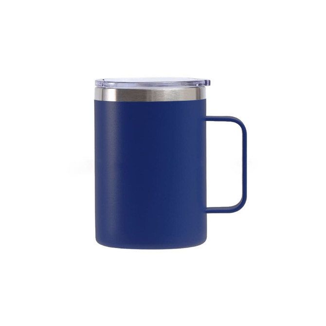 A stainless steel cup in navy blue with a handle and a transparent lid. It features a logo on the surface.