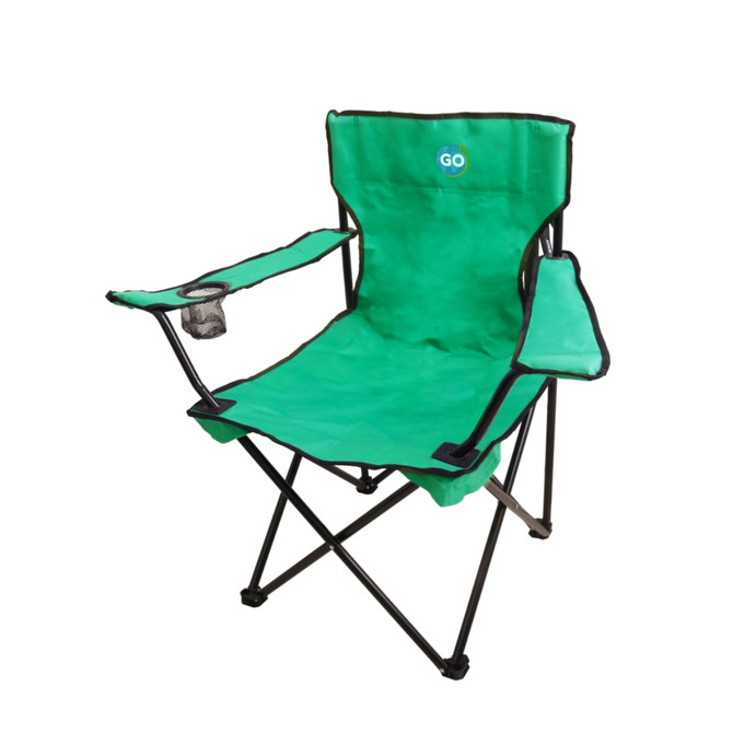 A green foldable portable camping chair with two armrests and a cup holder, featuring a logo on the back.