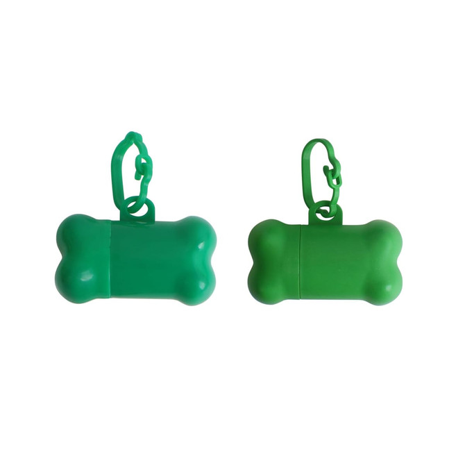 A green bone-shaped pet waste bag dispenser with a clip for easy attachment. It features a smooth plastic surface.