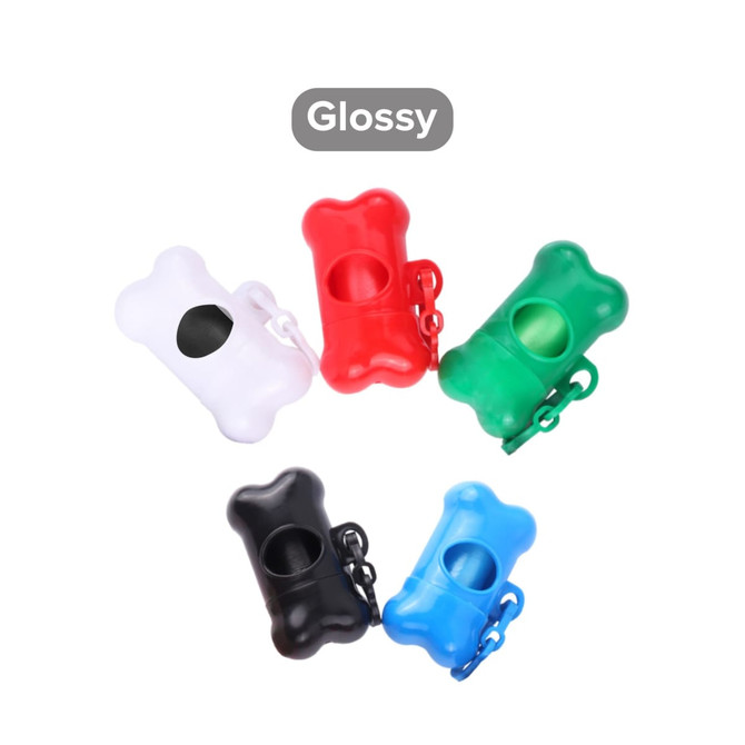 A selection of five glossy bone-shaped pet waste bag dispensers in red, green, white, and black.