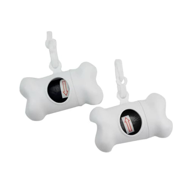 A white bone-shaped pet wastebag dispenser with a clip attachment and a circular opening for easy access to bags.
