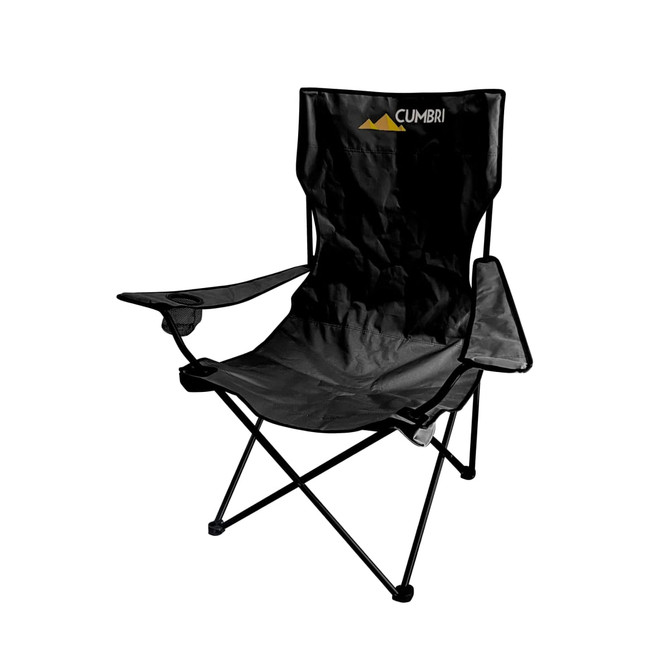 A large, foldable portable camping chair in black with armrests and a logo on the backrest.