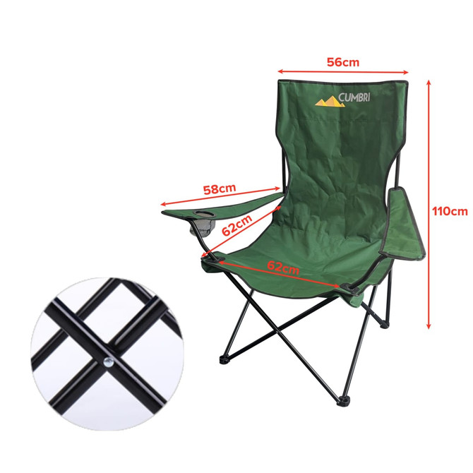 A large foldable camping chair in green with a side armrest and a black frame, featuring a logo on the back.