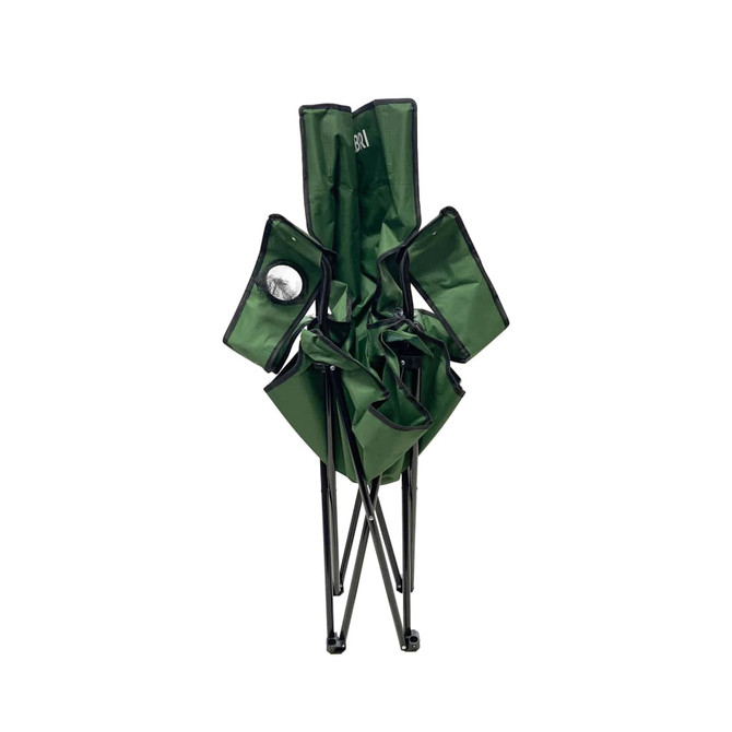 A green large foldable portable camping chair, compactly stored with a metal frame and a small round detailing.