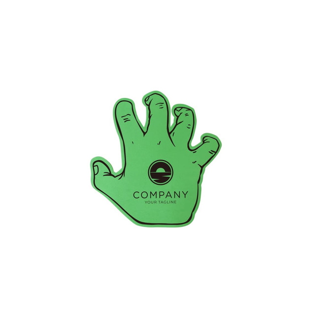 A green foam mitt shaped like a hand, featuring a logo in the centre.