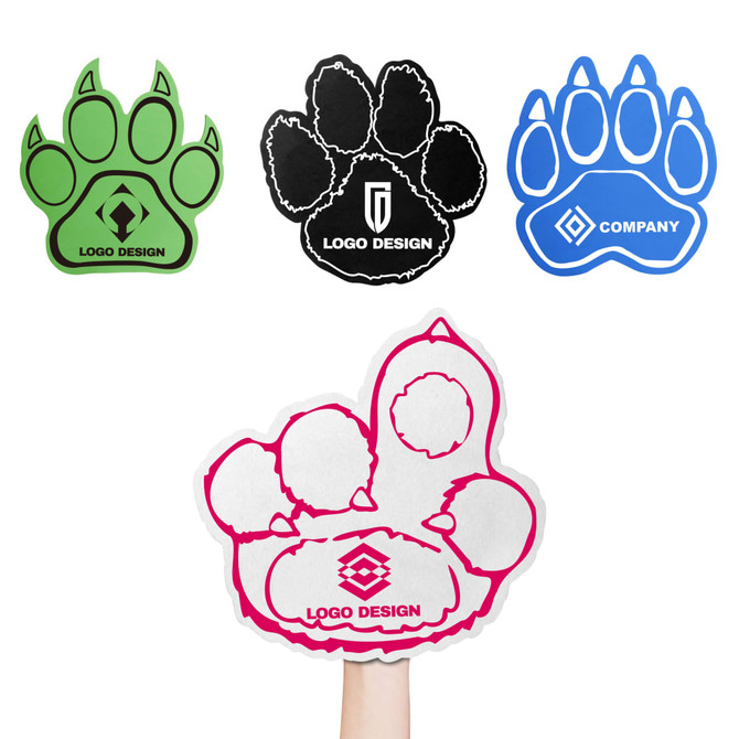 A pink foam mitt shaped like a paw, alongside green, black, and blue paw-shaped foam mitts. Each features a logo.