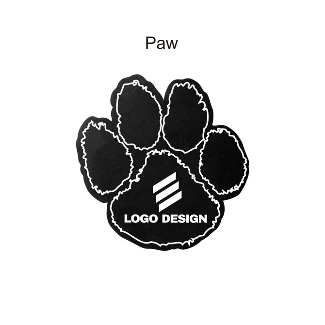 A black paw print design with a logo in the centre. The print features a white outline for definition.
