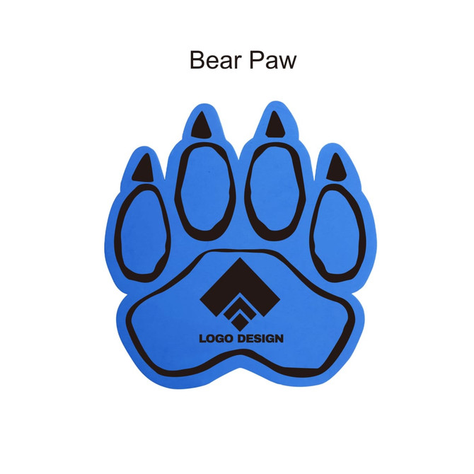 A blue paw-shaped mitt with black detailing and a logo at the centre.