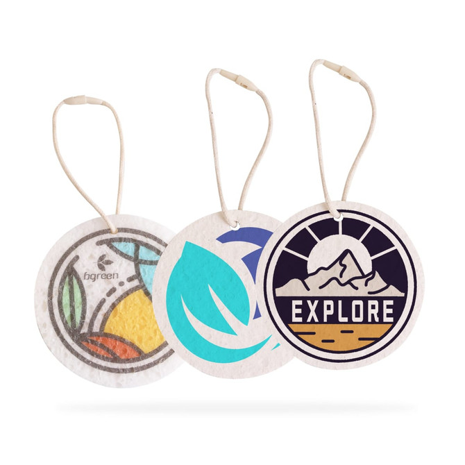 Three circular tags in different designs, featuring various colours and logos, attached by thin loops.