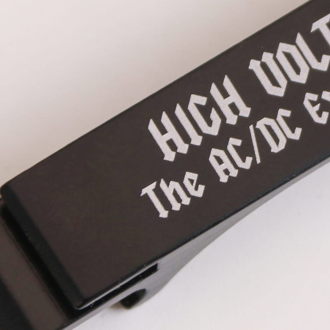 A black aluminium keyring bottle opener featuring a logo.