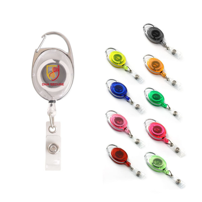 A retractable oval card holder in various colours, featuring a clip and a logo on the front.