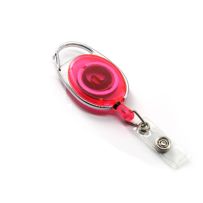A retractable oval card holder in vibrant pink with a metal clip and clear strap attachment.