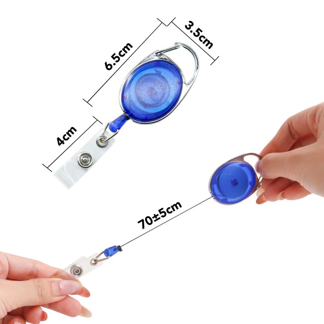 A retractable oval card holder in blue, featuring a metal clip and a clear retractable attachment.