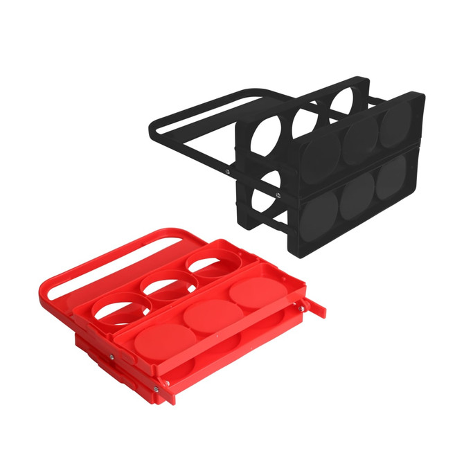 A foldable beer basket in red and black, designed to hold multiple drink bottles securely.