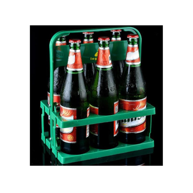A foldable green beer basket holding several bottles of beer with a handle on top.