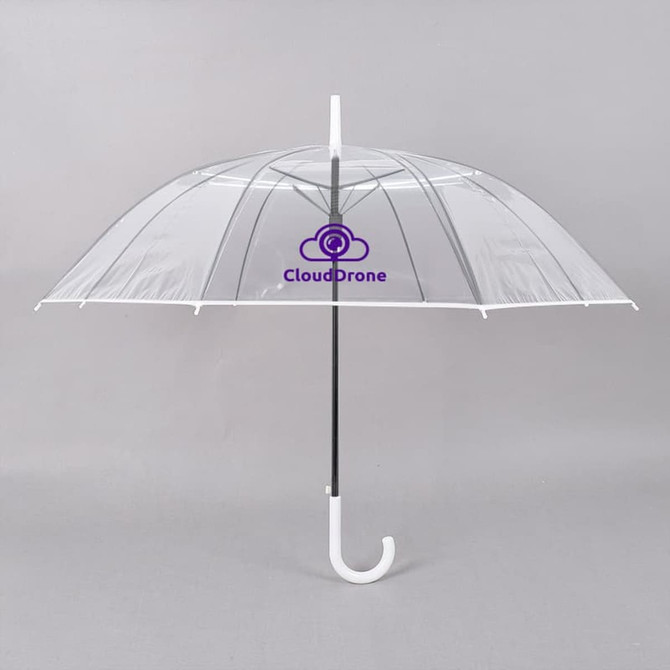 A transparent eight-panel umbrella with a white handle and a branding logo on the canopy.
