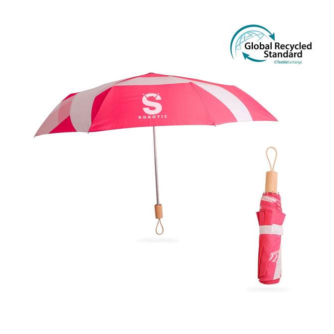 A lightweight pink umbrella with a wooden handle and a compact design for easy storage, featuring a logo.