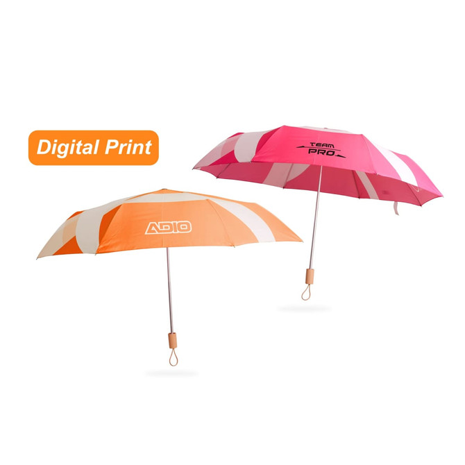 A lightweight umbrella with a wooden handle, featuring orange and pink designs, and a logo.