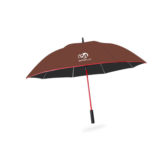 A brown car umbrella with a black underside and a red handle, featuring a logo on its canopy.