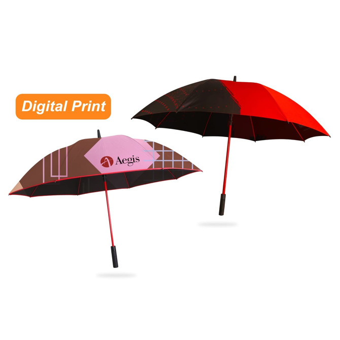 A red and black car umbrella features a unique digital print design and a handle for easy grip.