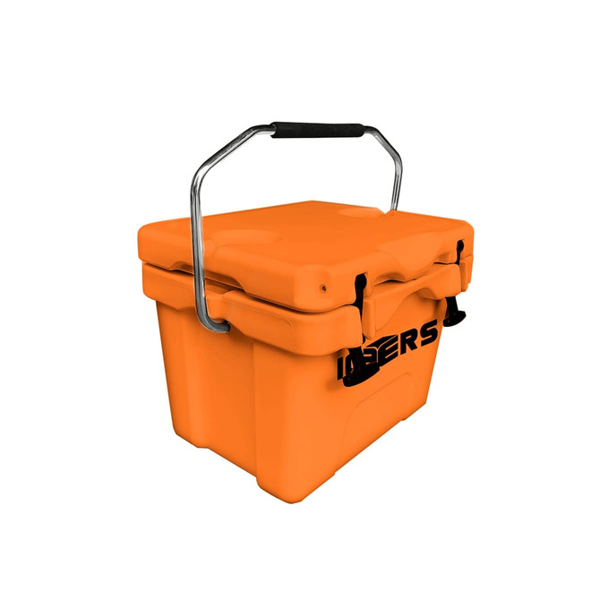 A bright orange 15L cooler box with a sturdy metal handle and secure latches, featuring a logo on the side.