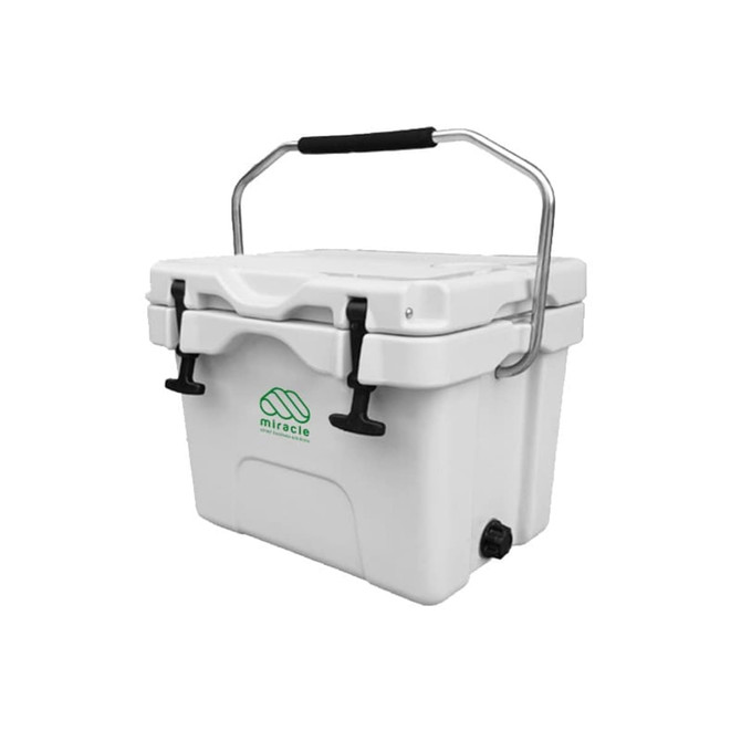 A white 15L cooler box with a sturdy handle and secure latches, featuring a logo on the front.