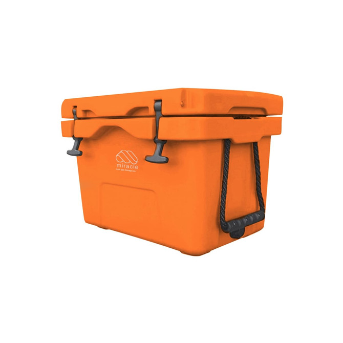 An orange 25L cooler box with a handle and latches, featuring a logo on the side.