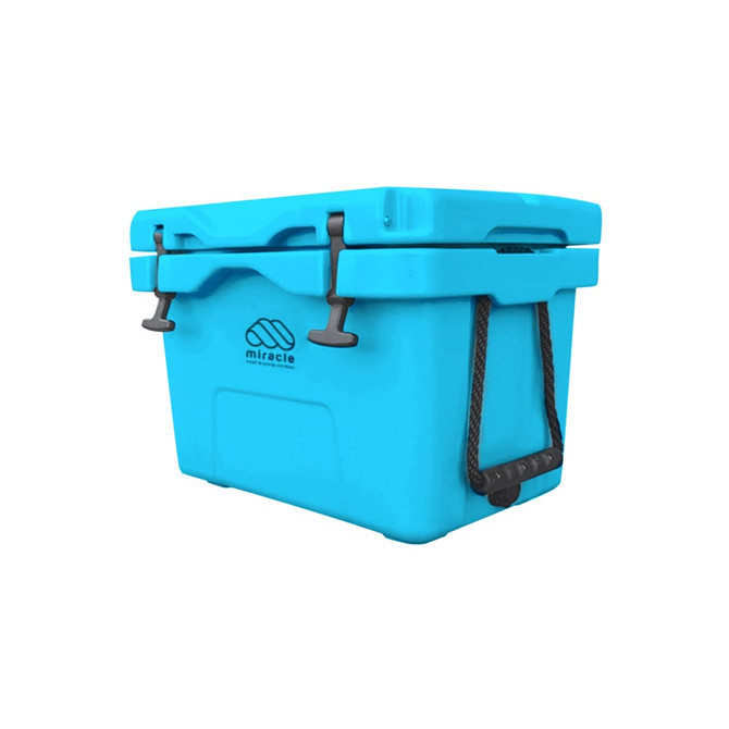 A turquoise 25L cooler box with a secure lid, featuring a branding logo and sturdy handles.