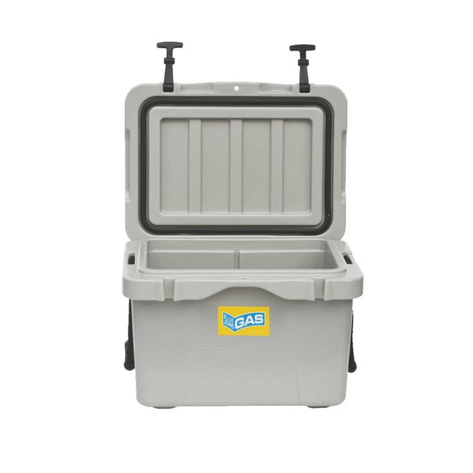A grey 25L cooler box with an open lid and two handles, featuring a logo on the front.