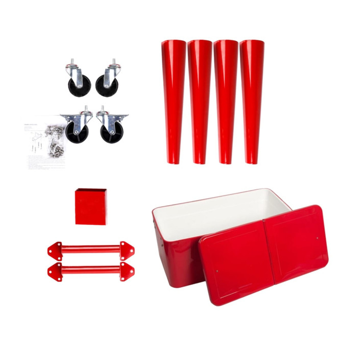 A red 75L cooler box with two hinged lids, four red legs, wheels, brackets, and assembly instructions.