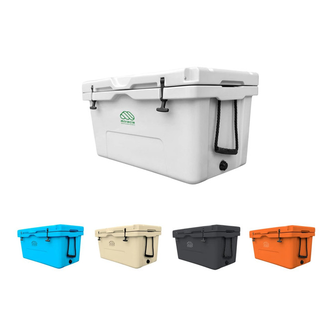 A 85L cooler box available in white, blue, cream, grey, and orange, featuring a logo and secure latches.