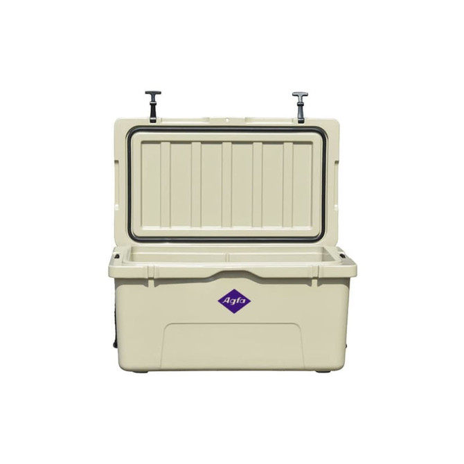 A cream 85L cooler box with an open lid, featuring a logo on the front.