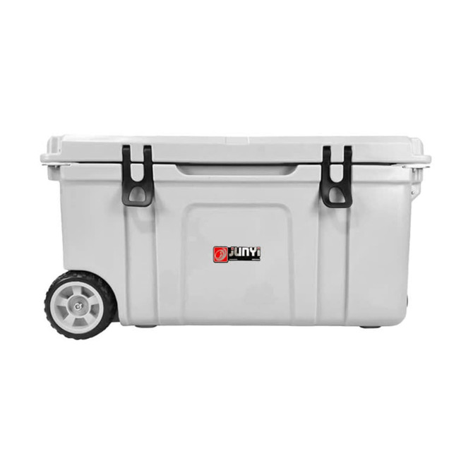 A grey 75L cooler box with wheels, featuring clasps, and a logo on the front.