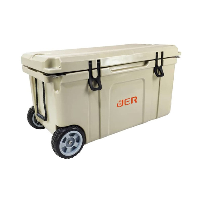 A beige 75L cooler box on wheels with a sturdy lid and clips, featuring a logo on the side.