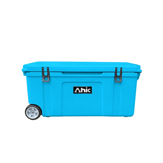A blue cooler box with wheels and a branded logo, designed for convenient transport and storage.