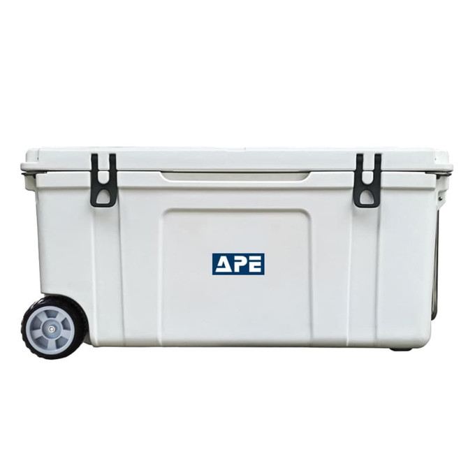 A white 120L cooler box with wheels features latches and a logo. Suitable for transporting items.