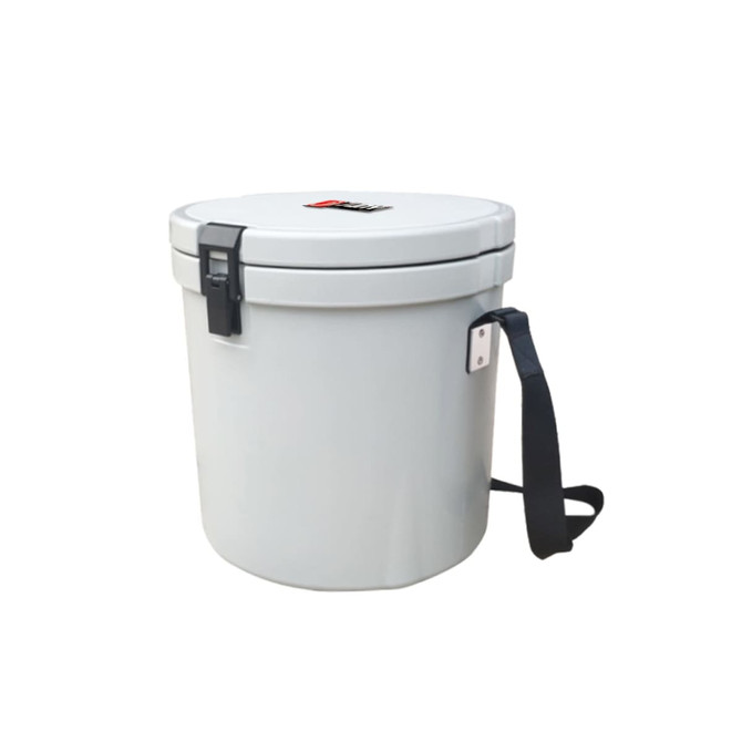 A white 12L ice bucket with a secure lid and a handy black rope handle for easy carrying.
