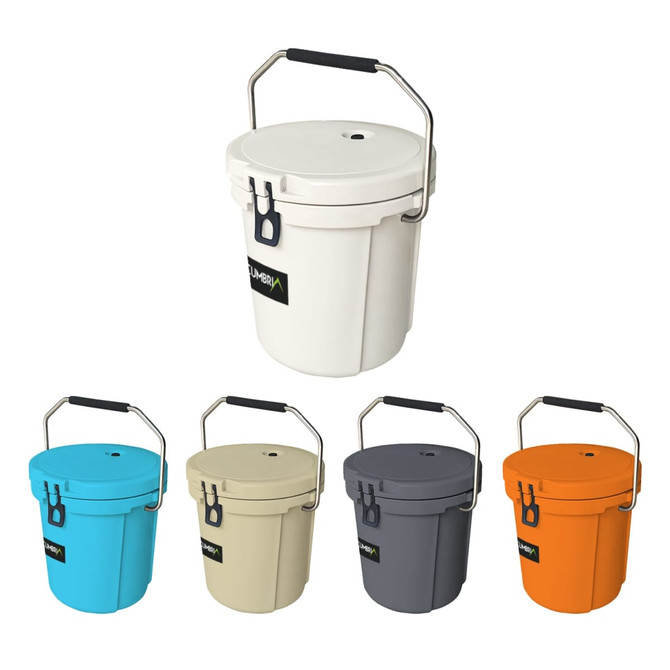 A 15L ice bucket with a handle, available in white, blue, grey, beige, and orange, featuring a logo.