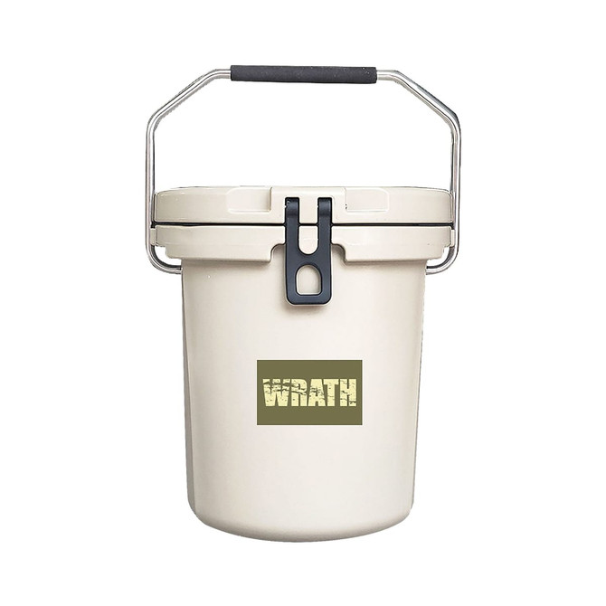 A 15L cream-coloured ice bucket with a black handle and a logo on the front.