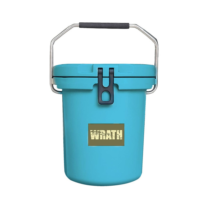 A turquoise 15L ice bucket with a handle and a branded logo on the front.