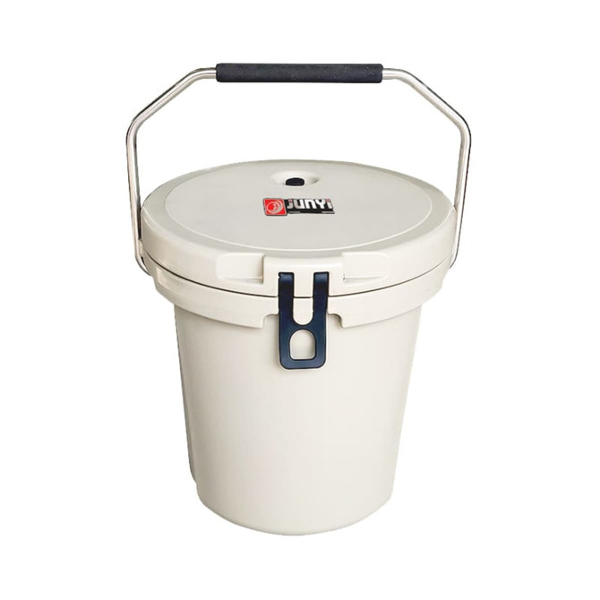 A 15L ice bucket in cream with a black handle and a lid, featuring a logo.