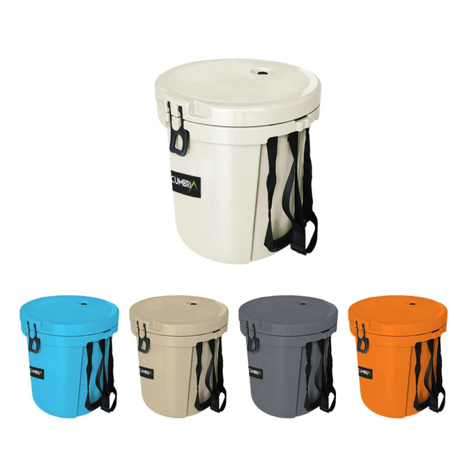 A 15L ice bucket available in blue, beige, grey, and orange, featuring a handy rope and a logo.
