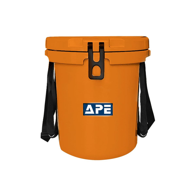 An orange 15L ice bucket with a black handy rope and a logo on the front.