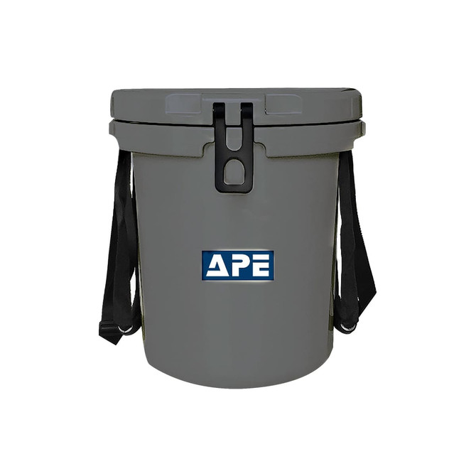 A grey ice bucket with a secure lid, featuring a handy rope handle and a logo on the front.