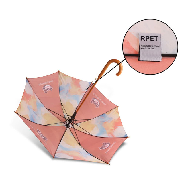 A wooden umbrella with a curved handle, featuring a colourful, patterned canopy and a logo.